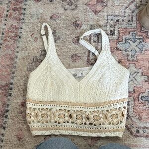 Hollister Cream and Tan Crochet Crop Top